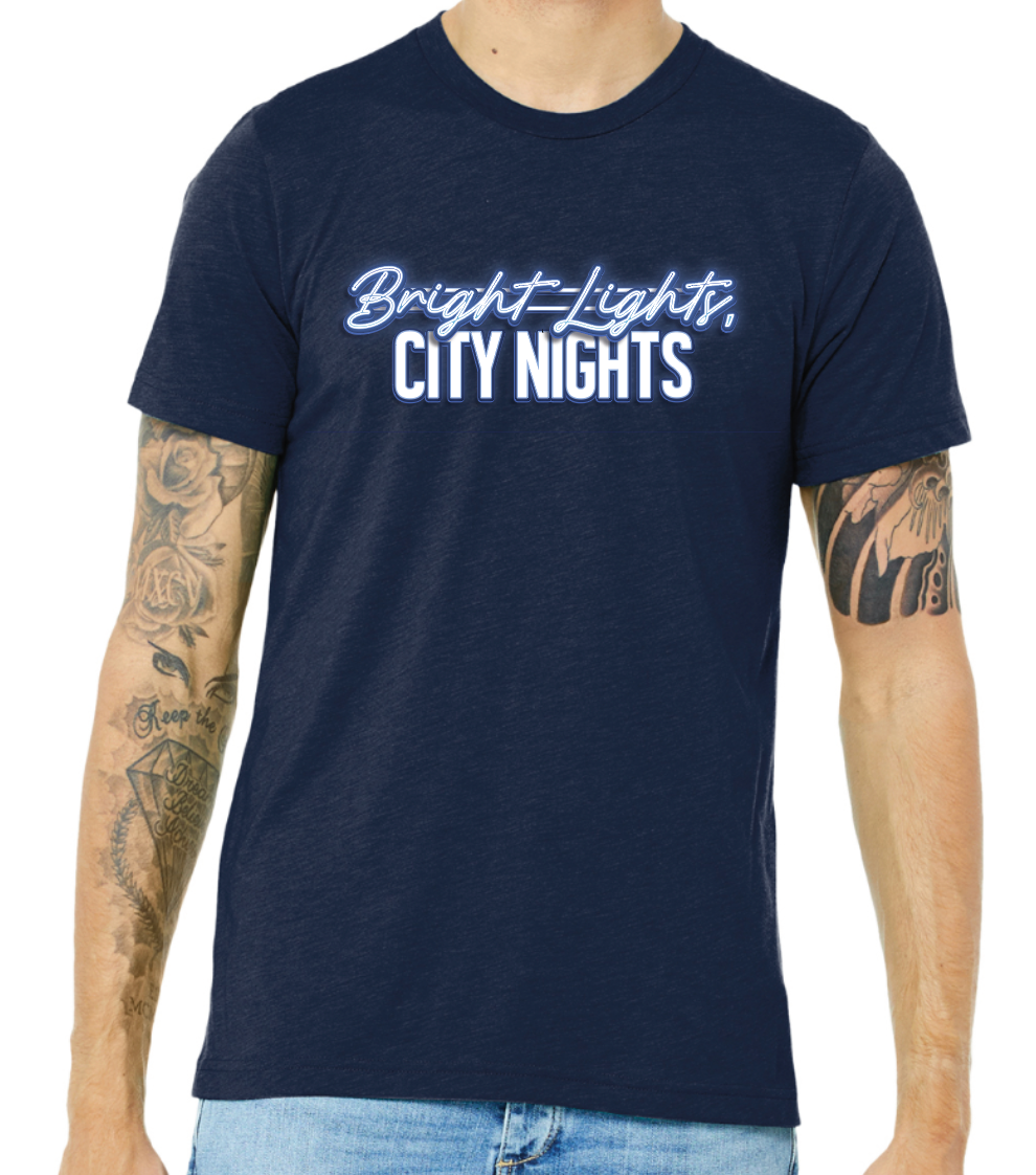 BRIGHT LIGHTS, CITY NIGHTS Mens Volunteer T-shirt